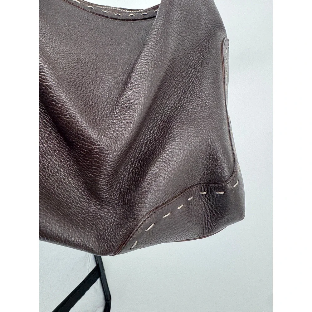 Vintage Escada Hobo Bag Purse L Brown Pebbled Leather Whipstitch Silver Italy